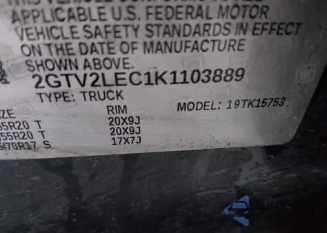 2019 GMC Sierra 1500 Limited z USA, uszkodzony, nr VIN 2GTV2LEC1K1103889